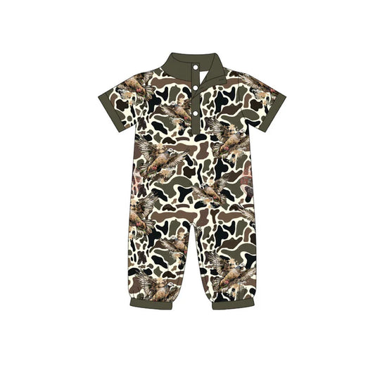 Preorder (moq 5)Baby Boys Dark Brown Camo Eagles Button Hunting Footie Rompers 11.25