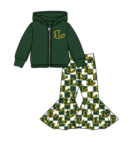 Preorder(moq 5) Baby Girls Green L Zipper Hoodie Jacket Bell Bottom Pants Team Clothes Sets 11.5