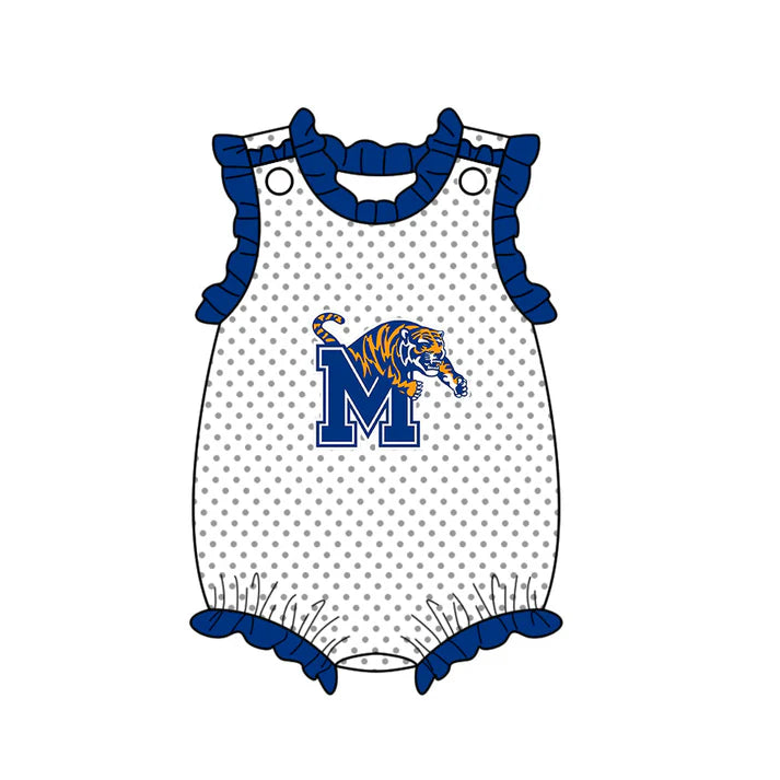 Preorder (moq 5)Baby Girls Polka Dots M Tigers Team Ruffle Rompers 12.13
