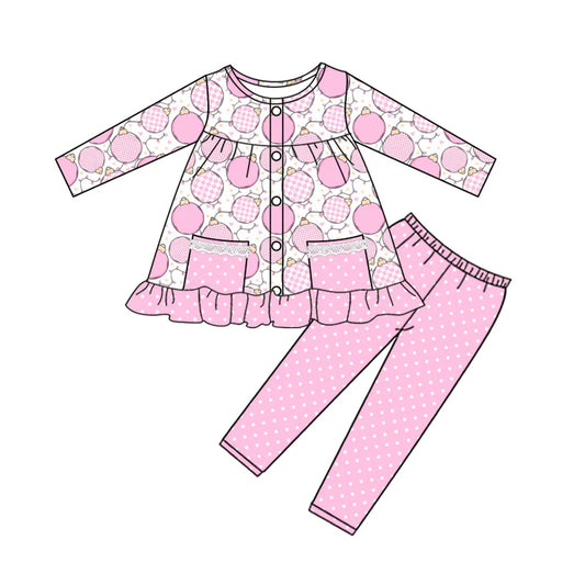 preorder(MOQ 5)Baby Girls Long Sleeves Button Pockets Bulbs Tunic Polka Dots Leggings Pants Set 5.10