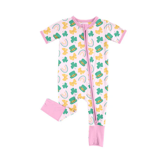 Preorder (moq 5)Baby Girls Clovers Hats Bows St Patrick Zipper Footie Rompers 10.23