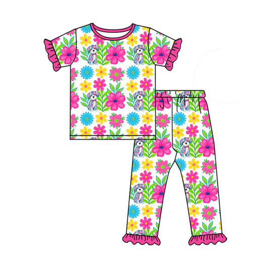 Preorder(moq 5)Baby Girls Short Sleeve Floral Dogs Top Ruffle Pants Pajamas Sets 12.16