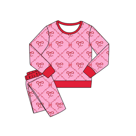Preorder(moq 5) Baby Girls Pink Bows Flowers Checked Pants Valentines Pajamas Sets 11.8