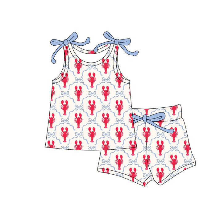 Preorder (moq 5)Baby Girls Sleeveless Bows Crayfishes Checked Top Shorts Clothes Set 12.17