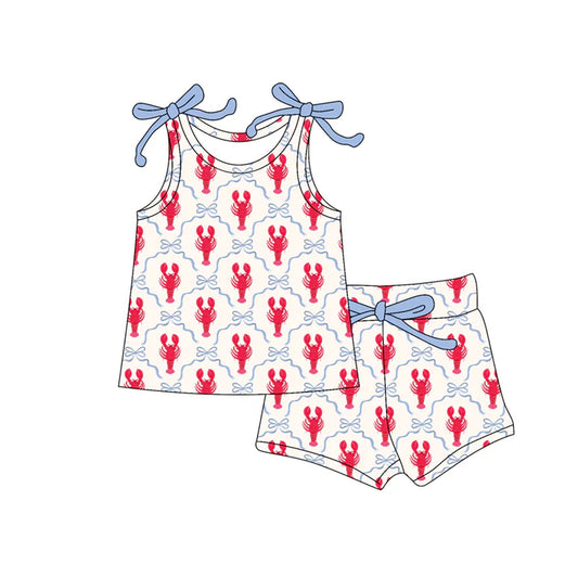 Preorder (moq 5)Baby Girls Sleeveless Bows Crayfishes Checked Top Shorts Clothes Set 12.17