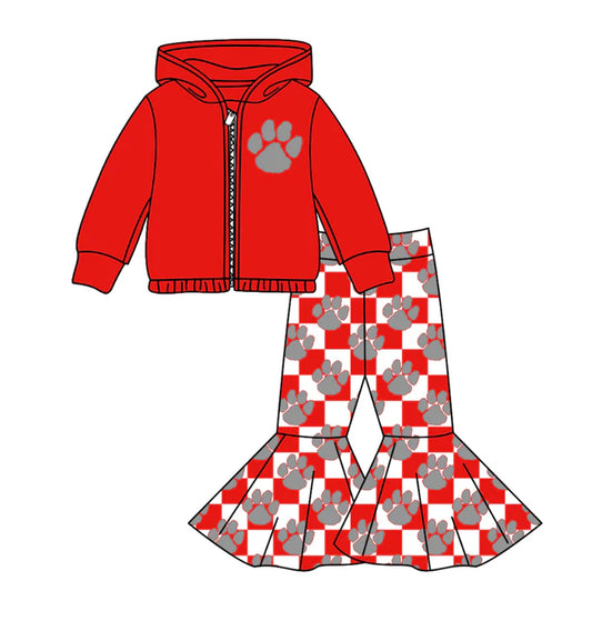Preorder(moq 5) Baby Girls Watermelon Pawls Zipper Hoodie Jacket Bell Bottom Pants Team Clothes Sets 11.5