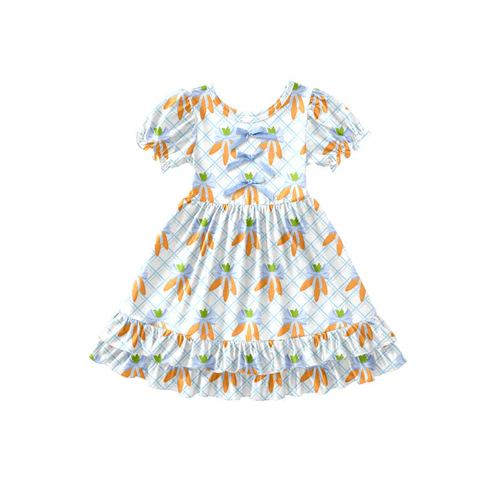 Preorder (moq 5)Baby Girls Carrots Bows Checked Easter Ruffle Knee Length Dresses 12.26