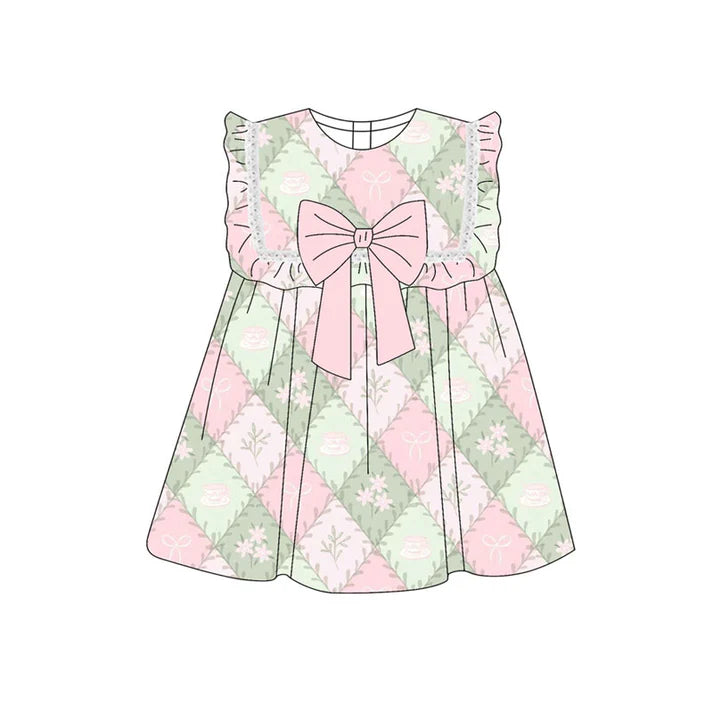 Preorder(moq 5) Baby Girls Bows Flowers Checked Sleeveless Knee Length Dresses 10.21
