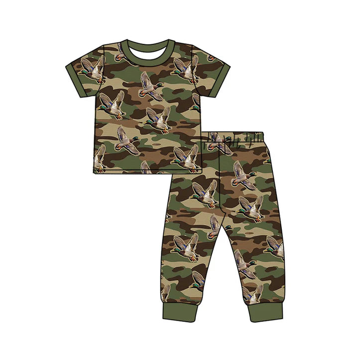 Preorder (moq 5)Baby Boys Dark Green Camo Ducks Top Pants Hunting Pajamas Sets 11.25