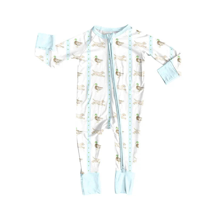 Preorder (moq 5)Baby Girls Ducks Dogs Stripe Hunting Zipper Footie Rompers 10.30
