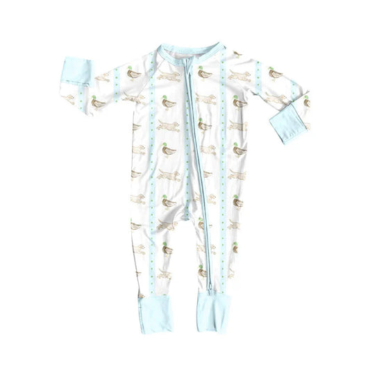 Preorder (moq 5)Baby Girls Ducks Dogs Stripe Hunting Zipper Footie Rompers 10.30