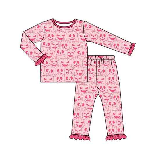preorder(MOQ 5)Baby Girls Pink Long Ruffle Sleeves Pumpkins Plaid Top Pants Pajamas Set 5.10