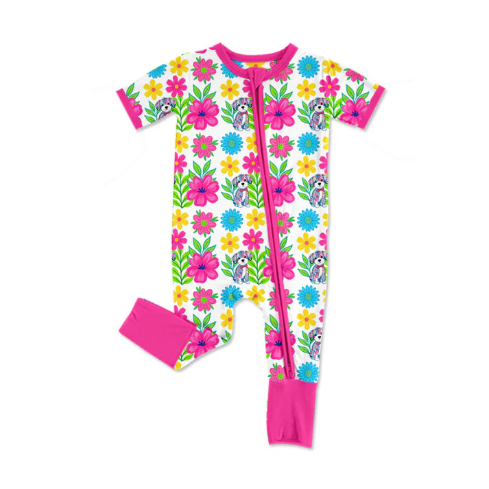 Preorder (moq 5)Baby Girls Floral Dogs Two Way Zipper Convertible Rompers 12.16