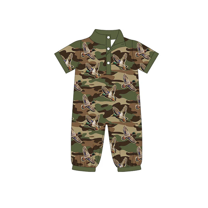 Preorder (moq 5)Baby Boys Dark Green Camo Ducks Button Hunting Footie Rompers 11.25