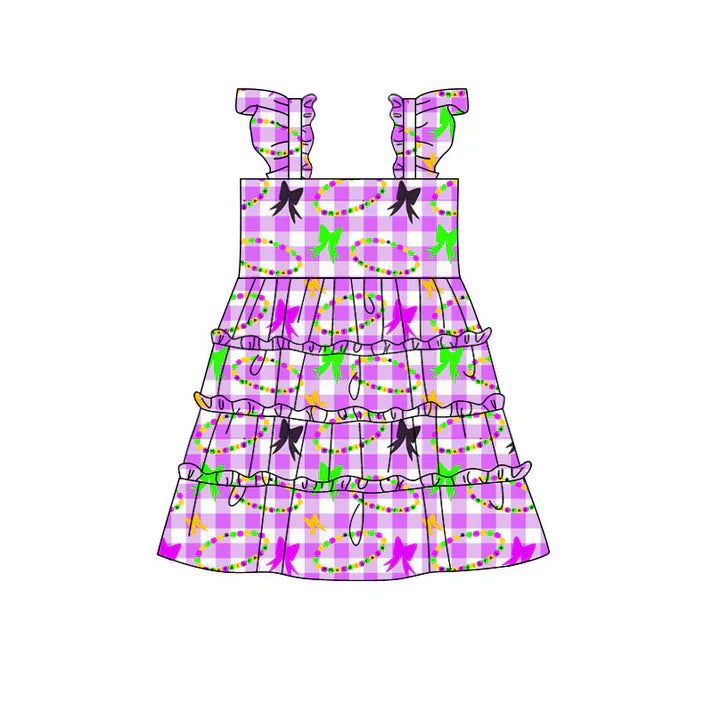 Preorder(moq 5) Baby Girls Mardigras Checked Bows Necklaces Patchwork Knee Length Dress 10.29