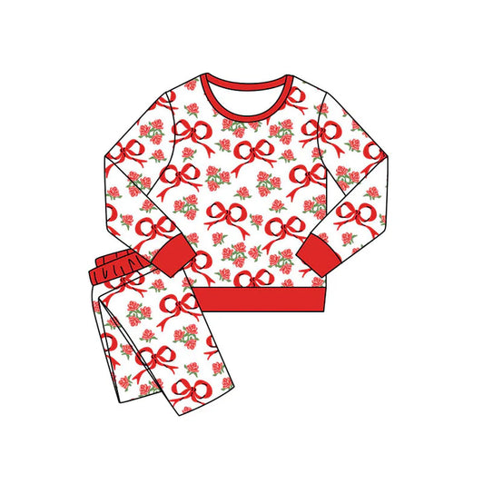 Preorder(moq 5) Baby Girls Red Bows Flowers Pants Valentines Pajamas Sets 11.8