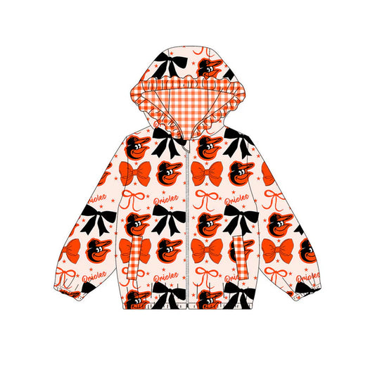 Preorder(moq 8)Baby Girls Orange Black Bows Orioles Pockets Zipper Team Ruffle Hoodies Jackets 10.16