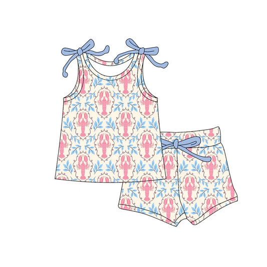 Preorder (moq 5)Baby Girls Sleeveless Flowers Crayfishes Checked Top Shorts Clothes Set 12.17