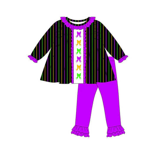 Preorder(moq 5) Baby Girls Mardigras Bows Stripes Collar Tunic Ruffle Leggings Clothes Set 10.23