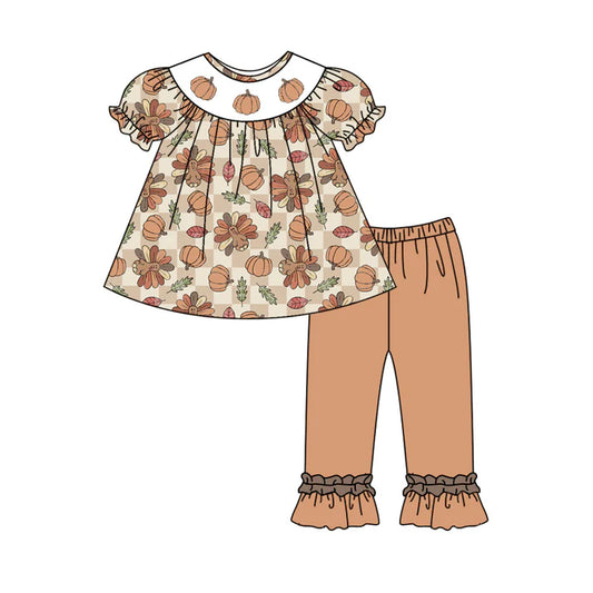 Preorder moq 5 Baby Girls Short Ruffle Sleeves Turkey Pumpkins Plaid Tunic Ruffle Pants Set 5.8