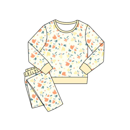 Preorder(moq 5) Baby Girls Pink Yellow Hearts Floral Pants Valentines Pajamas Sets 11.8