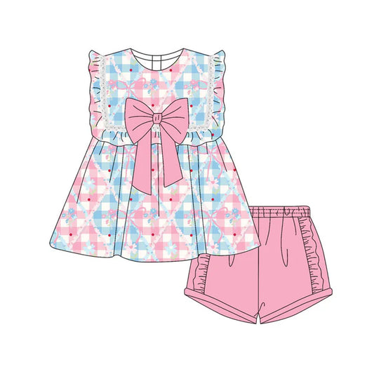 Preorder(moq 5) Baby Girls Flowers Bows Checked Tunic Ruffle Shorts Clothes Sets 10.21