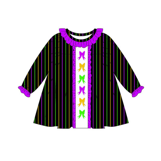 Preorder(moq 5) Baby Girls Mardigras Bows Stripes Ruffle Collar Knee Length Dresses 10.23