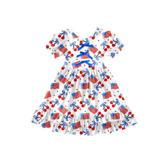 Preorder (moq 5)Baby Girls Flags Cherry 4th of July Ruffle Knee Length Dresses 12.26