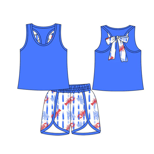 Preorder (moq 5)Baby Girls Sleeveless Back Bows Top Crayfishes Stripe Short Clothes Sets 12.16