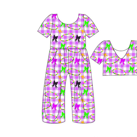 Preorder(moq 5) Baby Girls Mardigras Checked Bows Necklaces Pockets Pant Jumpsuits 10.29