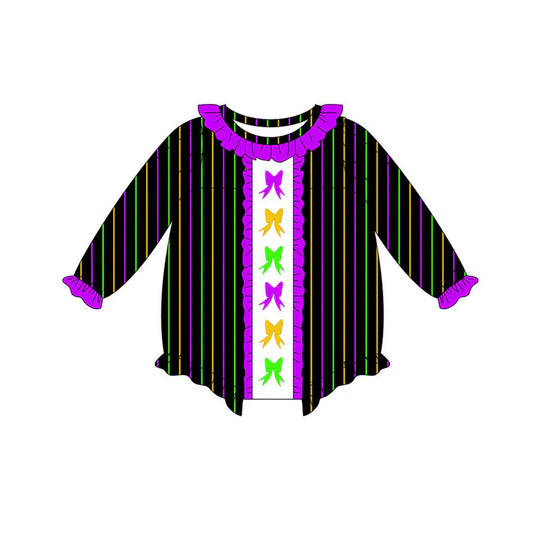 Preorder (moq 5)Baby Girls Mardigras Bows Stripes Ruffle Collar Rompers 10.23
