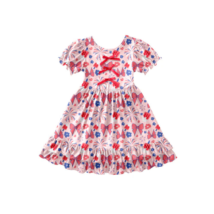 Preorder (moq 5)Baby Girls Flowers Popsicle 4th of July Ruffle Knee Length Dresses 12.26