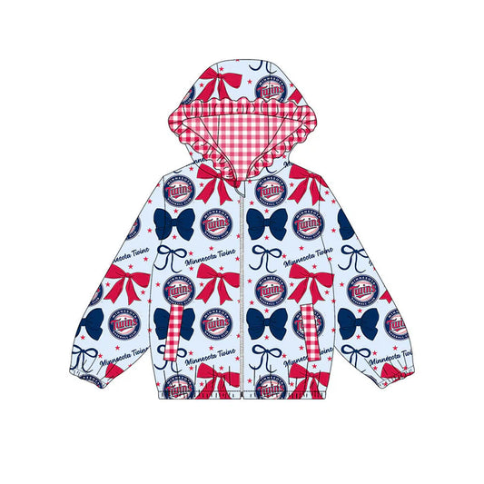 Preorder(moq 5)Baby Girls Blue Red Bows Twins Pockets Zipper Team Ruffle Hoodies Jackets 10.13