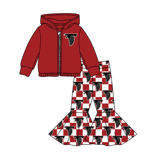 Preorder(moq 5) Baby Girls Red Eagles Zipper Hoodie Jacket Bell Bottom Pants Team Clothes Sets 11.4