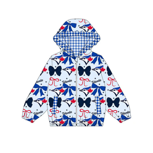 Preorder(moq 5)Baby Girls Blue Navy Bows Totonto Pockets Zipper Team Ruffle Hoodies Jackets 10.13