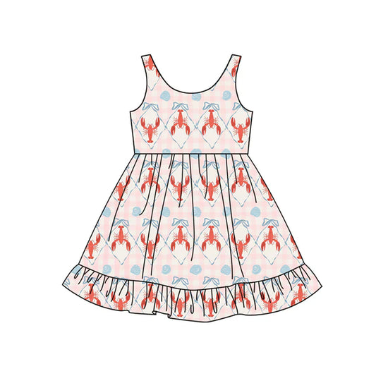 Preorder (moq 5)Baby Girls Pink Checked Bows Crayfishes Ruffle Knee Length Dresses 12.13