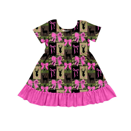 Preorder (moq 5)Baby Girls Camo Deer Checked Bows Hunting Ruffle Knee Length Dresses 11.26