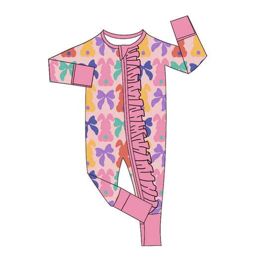 Preorder (moq 8)Baby Girls Colorful Bows Rabbits Easter Ruffle Zipper Footie Rompers 9.17