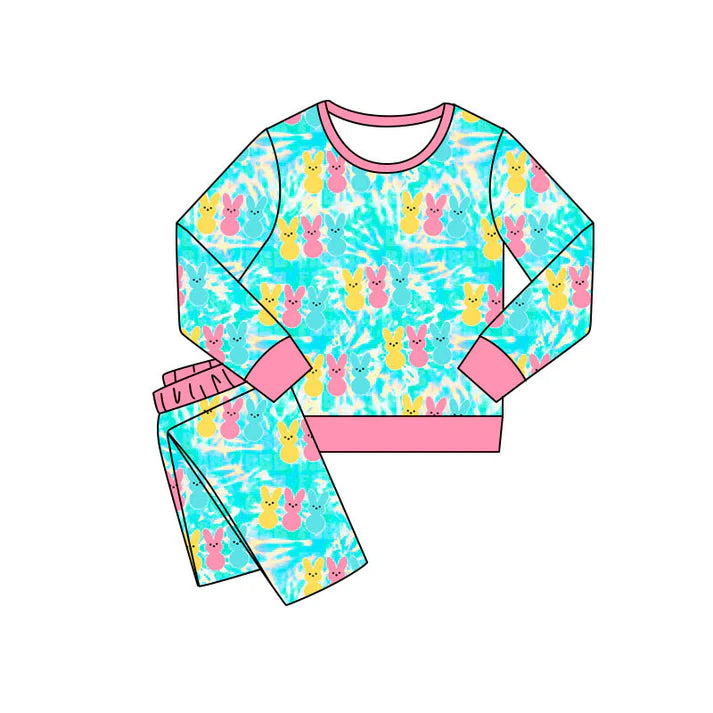 Preorder(moq 5) Baby Girls Colorful Rabbits Pants Easter Pajamas Sets 11.10
