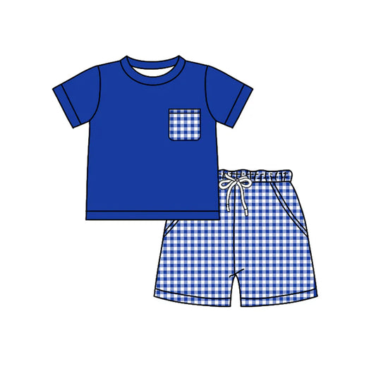 Preorder (moq 5)Baby Boys Blue Shirt Top Checked Pockets Shorts Clothes Set 12.18