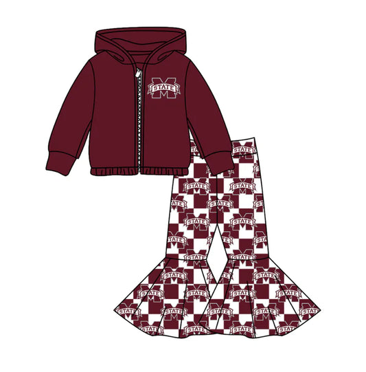 Preorder(moq 5) Baby Girls Red M State Zipper Hoodie Jacket Bell Bottom Pants Team Clothes Sets 11.4