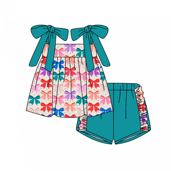 Preorder(moq 5) Baby Girls Strap Colorful Bows Plaid Tunic Ruffle Shorts Clothes Sets 10.24