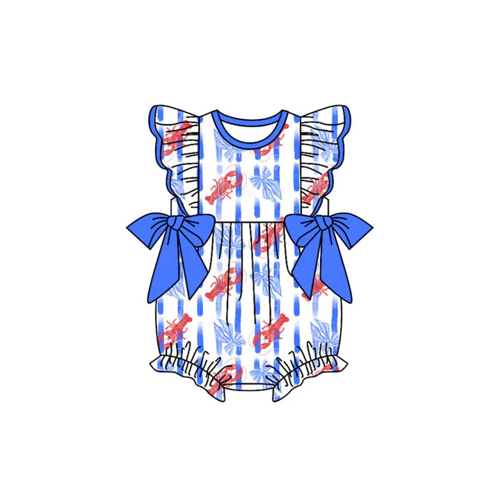 Preorder (moq 5)Baby Girls Flutter Sleeve Crayfishes Bows Stripe Ruffle Rompers 12.16