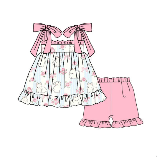 Preorder(moq 5) Baby Girls Pink Strap Flowers Rabbits Tunic Ruffle Shorts Easter Clothes Sets 10.21