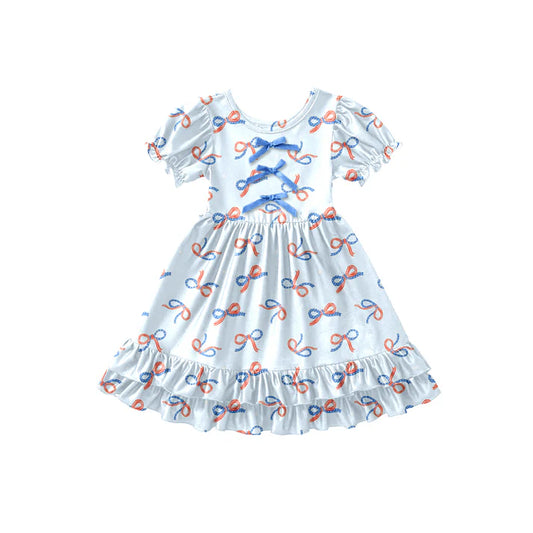 Preorder (moq 5)Baby Girls Red Blue Bows 4th of July Ruffle Knee Length Dresses 12.26