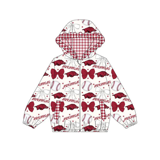 Preorder(moq 5)Baby Girls Red Bulls Bows Arkansas Pockets Zipper Team Ruffle Hoodies Jackets 10.13