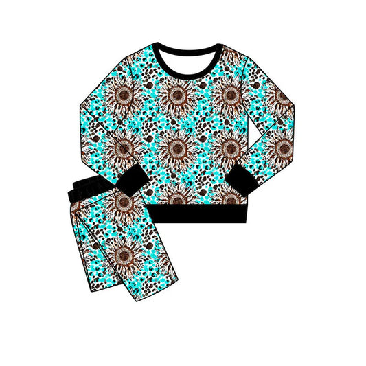Preorder(moq 5) Baby Girls Blue Leopard Sunflowers Pants Pajamas Sets 11.8