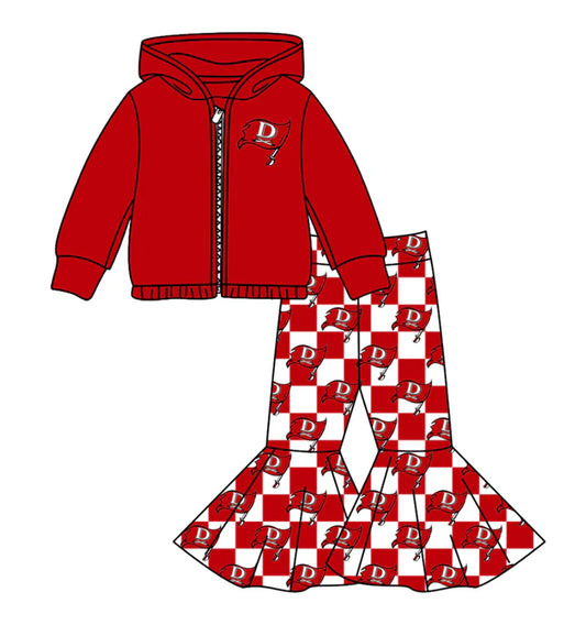 Preorder(moq 5) Baby Girls Red D Flags Zipper Hoodie Jacket Bell Bottom Pants Team Clothes Sets 11.4