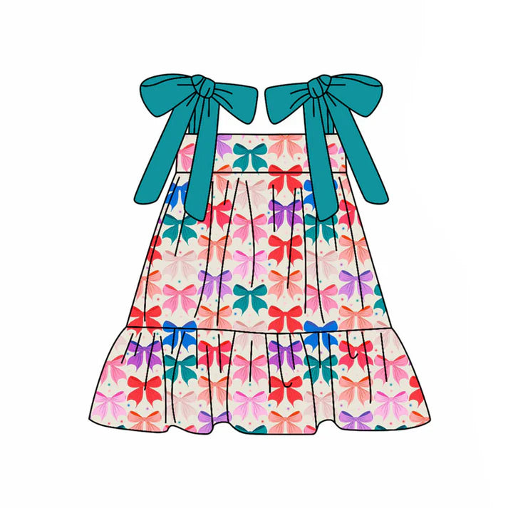 Preorder(moq 5) Baby Girls Strap Colorful Bows Plaid Ruffle Knee Length Dresses 10.24