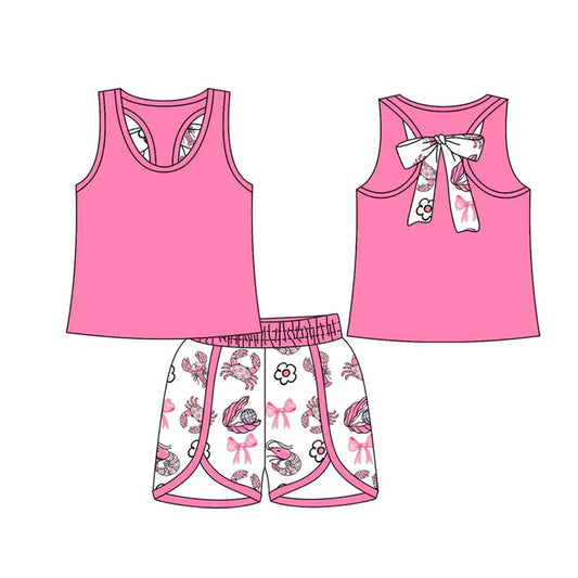 Preorder (moq 5)Baby Girls Sleeveless Back Bows Top Crabs Flowers Short Clothes Sets 12.16